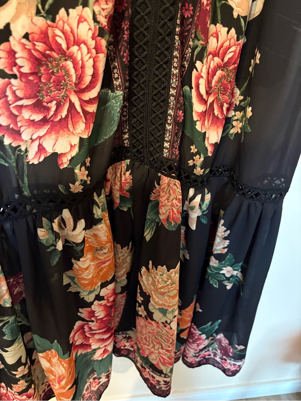 Altar'd State Black Floral V-Neck Tiered Maxi with Pink and Orange Blooms - Picture 6 of 7